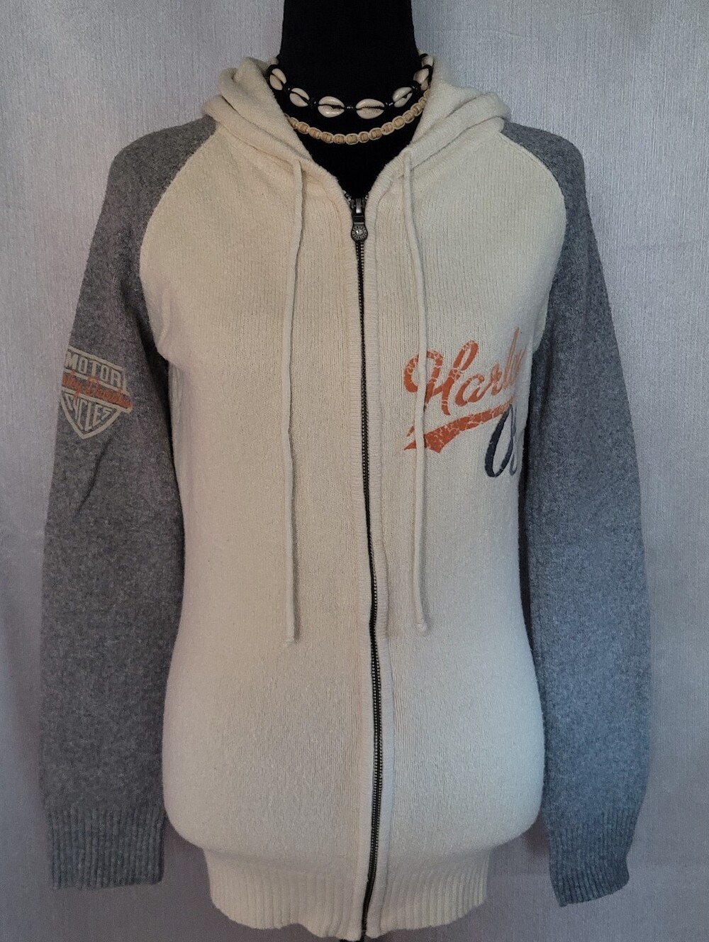 Harley-Davidson Cream & Gray Zip-Up Hoodie with Logo